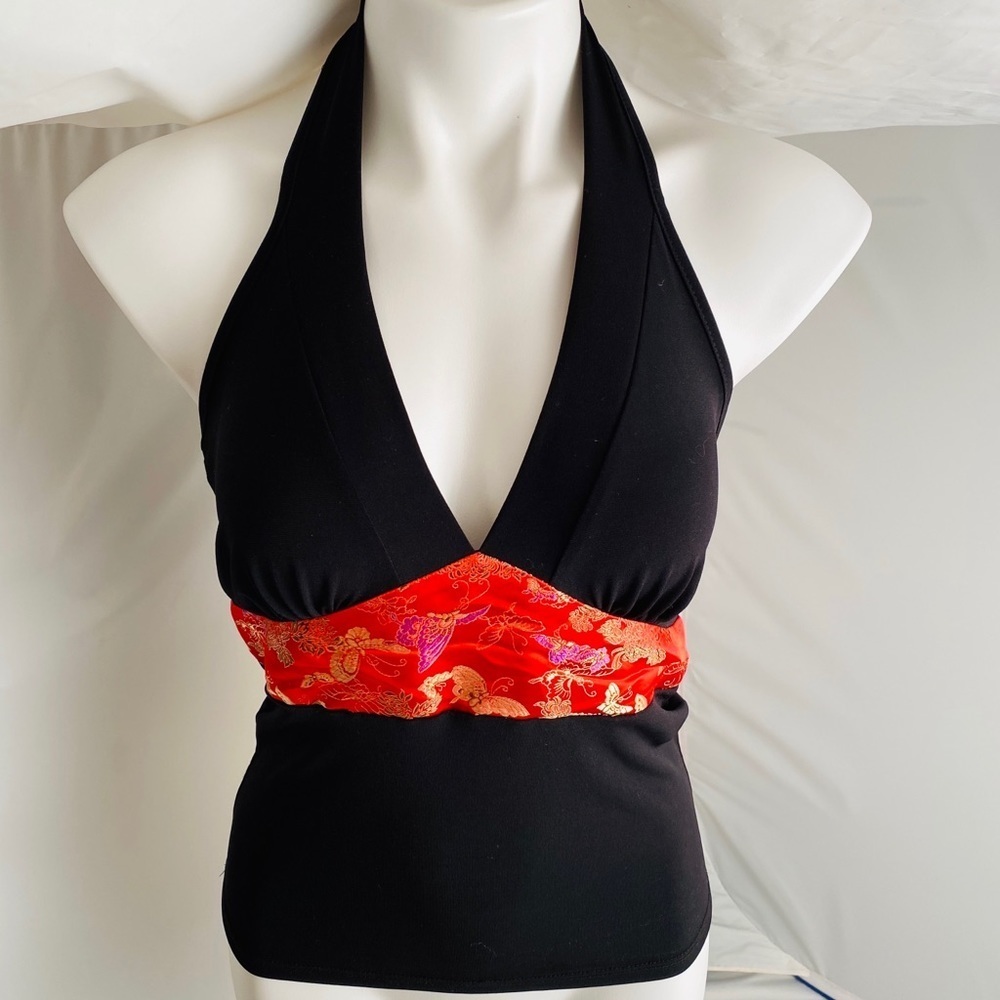 I Love You black halter with red multicolor design